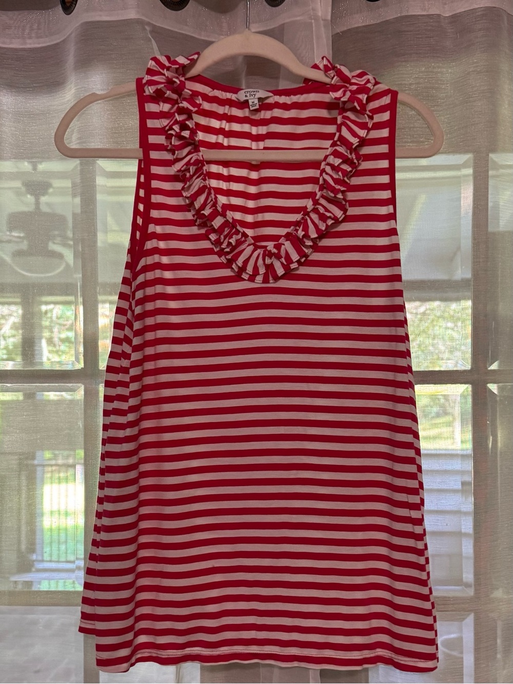 Women's deep pink & White Striped Ruffle V-Neck Tank Top